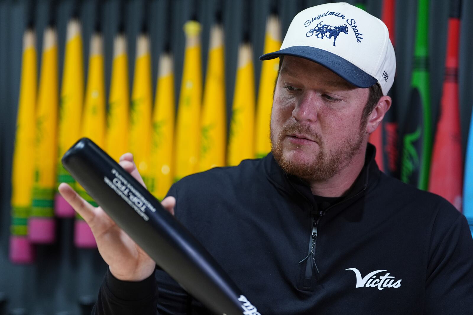 Jared Smith speaks about torpedo baseball bats during an interview at Victus Sports in King of Prussia, Pa., Wednesday, April 2, 2025. (AP Photo/Matt Rourke)