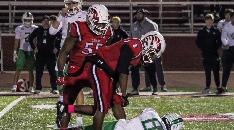 Trotwood-Madison's Caron Foster, Jr. celebrates a big hit during their game against Harrison on Friday night at Trotwood-Madison Stadium. The Rams won 49-0. HENRY S. CONTE / CONTRIBUTED PHOTO