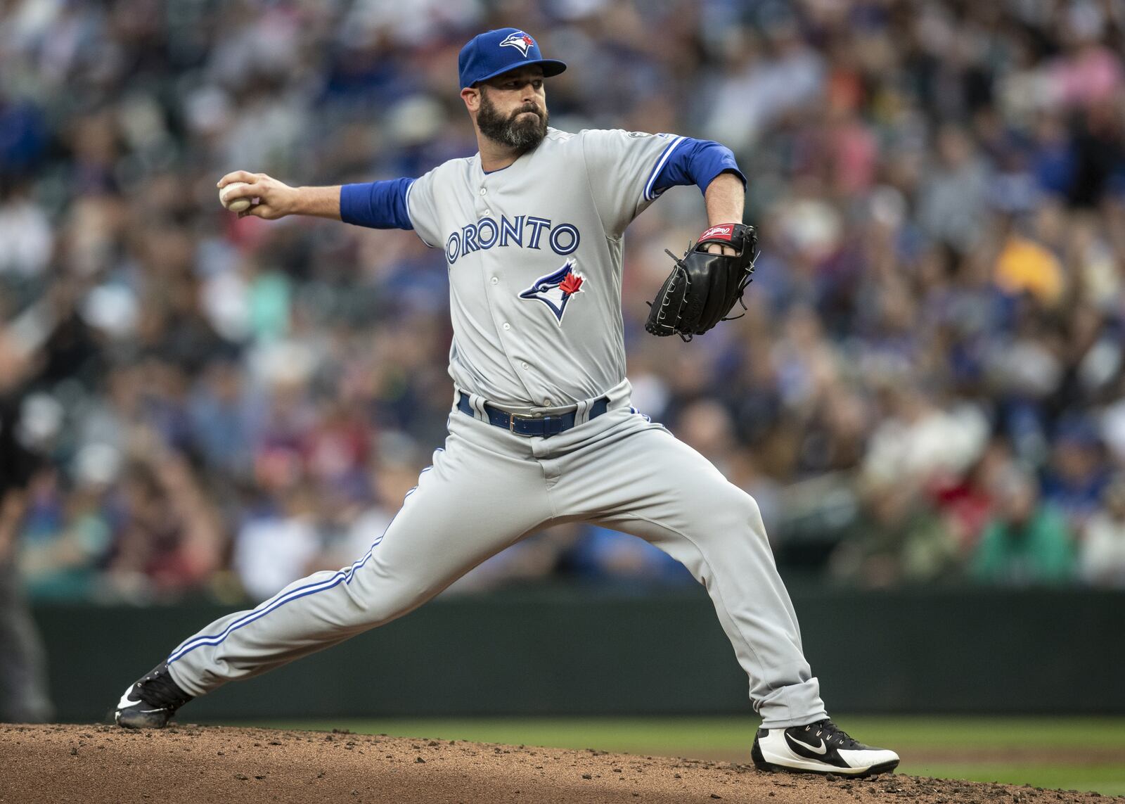 SEATTLE, WA - AUGUST 2: Reliever Mike Hauschild #44 of the Toronto Blue Jays delivers a pitch during the second inning of a game against the Seattle Mariners at Safeco Field on August 2, 2018 in Seattle, Washington. (Photo by Stephen Brashear/Getty Images)