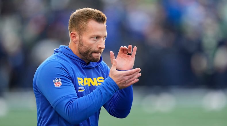 Los Angeles Rams head coach Sean McVay reacts as players warm up before the NFC Championship NFL football game against the Seattle Seahawks, Sunday, Jan. 25, 2026, in Seattle. (AP Photo/Stephen Brashear)