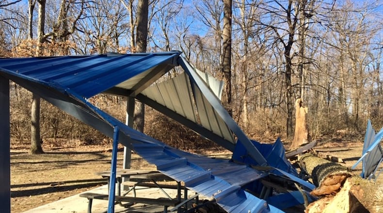 High winds on Sunday evening caused a tree in Perrin Woods Park to fall on a shelter house that was donated by the Zeta Phi Beta sorority within the last year. JENNA LAWSON/STAFF.