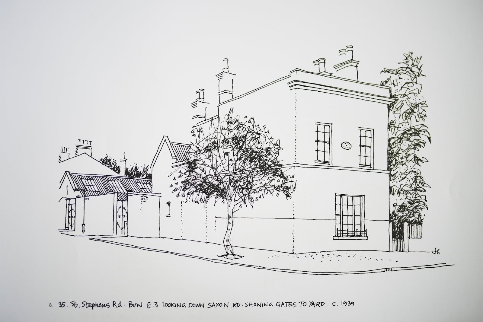 A drawing featuring St. Stephens Road, created by John Goldsmith, in Bow, in London, Thursday, April 24, 2025. (AP Photo/Kin Cheung)