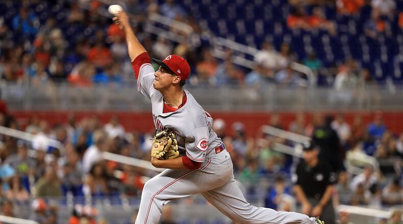 MIAMI, FL - JULY 27: Robert Stephenson #55 of the Cincinnati Reds pitches during a game against the Miami Marlins at Marlins Park on July 27, 2017 in Miami, Florida. (Photo by Mike Ehrmann/Getty Images)