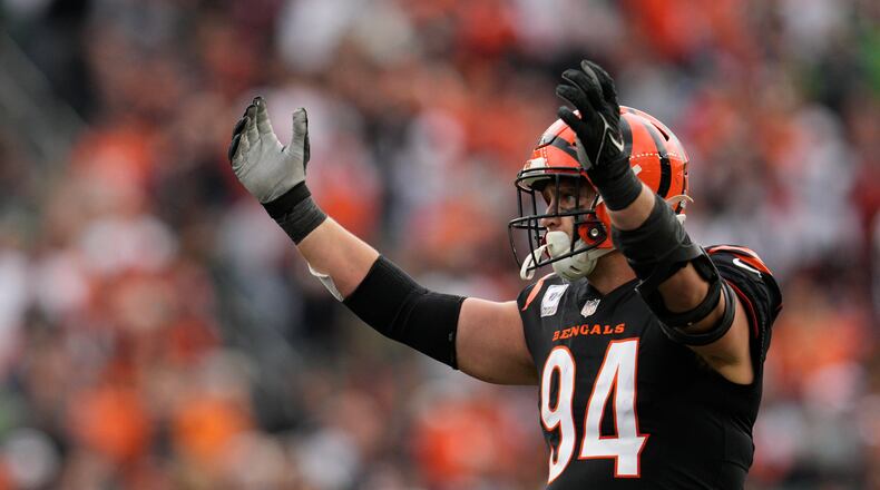 Cincinnati Bengals' Sam Hubbard reacts during the second half of an NFL football game against the Seattle Seahawks, Sunday, Oct. 15, 2023, in Cincinnati. (AP Photo/Jeff Dean)