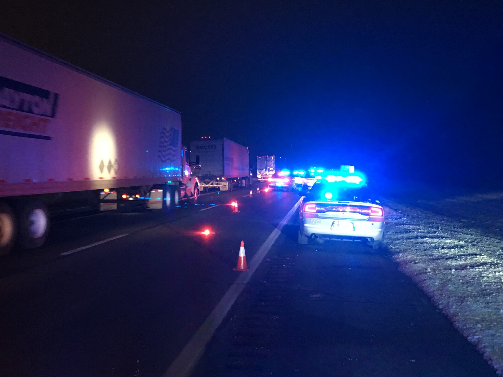 A woman, believed to be 19 or 20, was hit by two cars Wednesday night, Feb. 7, 2018, as she and a man believed to be her boyfriend were crossing I-70 in Clark County. (James Buechele/Staff)