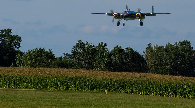 The Champaign Gal makes an approach over a rural Ohio cornfield Aug. 27 as it comes home to Grimes Field in Urbana. The World War II-era bomber is one of the few B-25s still airworthy and flying. U.S. AIR FORCE PHOTO/R.J. ORIEZ