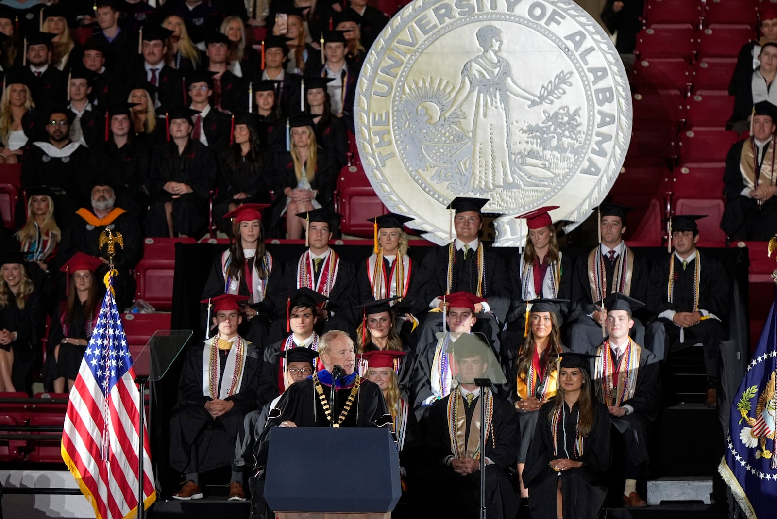 University of Alabama president Stuart Bell speaks before President Donald Trump arrives to give a commencement address at the University of Alabama, Thursday, May 1, 2025, in Tuscaloosa, Ala. (AP Photo/Mike Stewart)