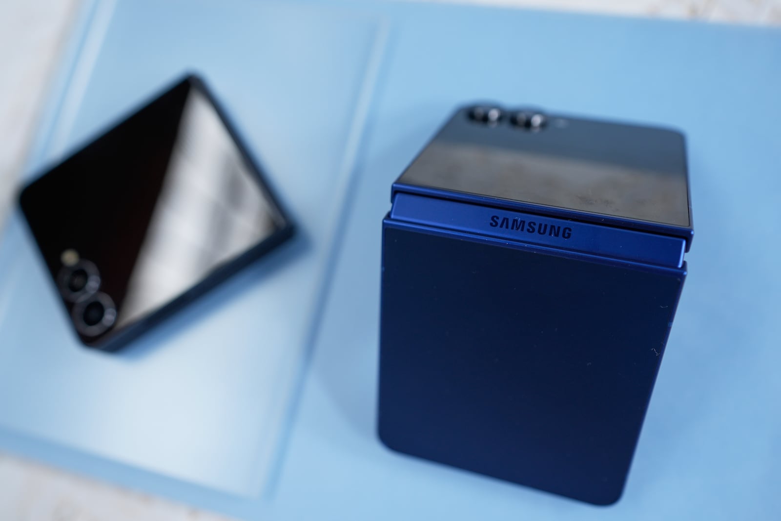 The new Galaxy Z Flip 7 is displayed during a Samsung preview event in New York, Monday, July 7, 2025. (AP Photo/Seth Wenig)