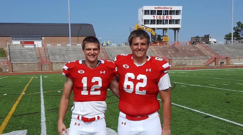 Wittenberg football players Liam and Riley Duncan pose for a photo at Edwards-Maurer Field in Springfield in August 2017. Photo courtesy of Duncan family