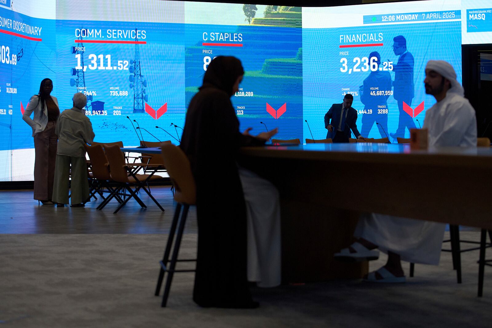 Emiratis are seen in the Dubai Financial Market in Dubai, United Arab Emirates, Monday, April 7, 2025. (AP Photos/Fatima Shbair)