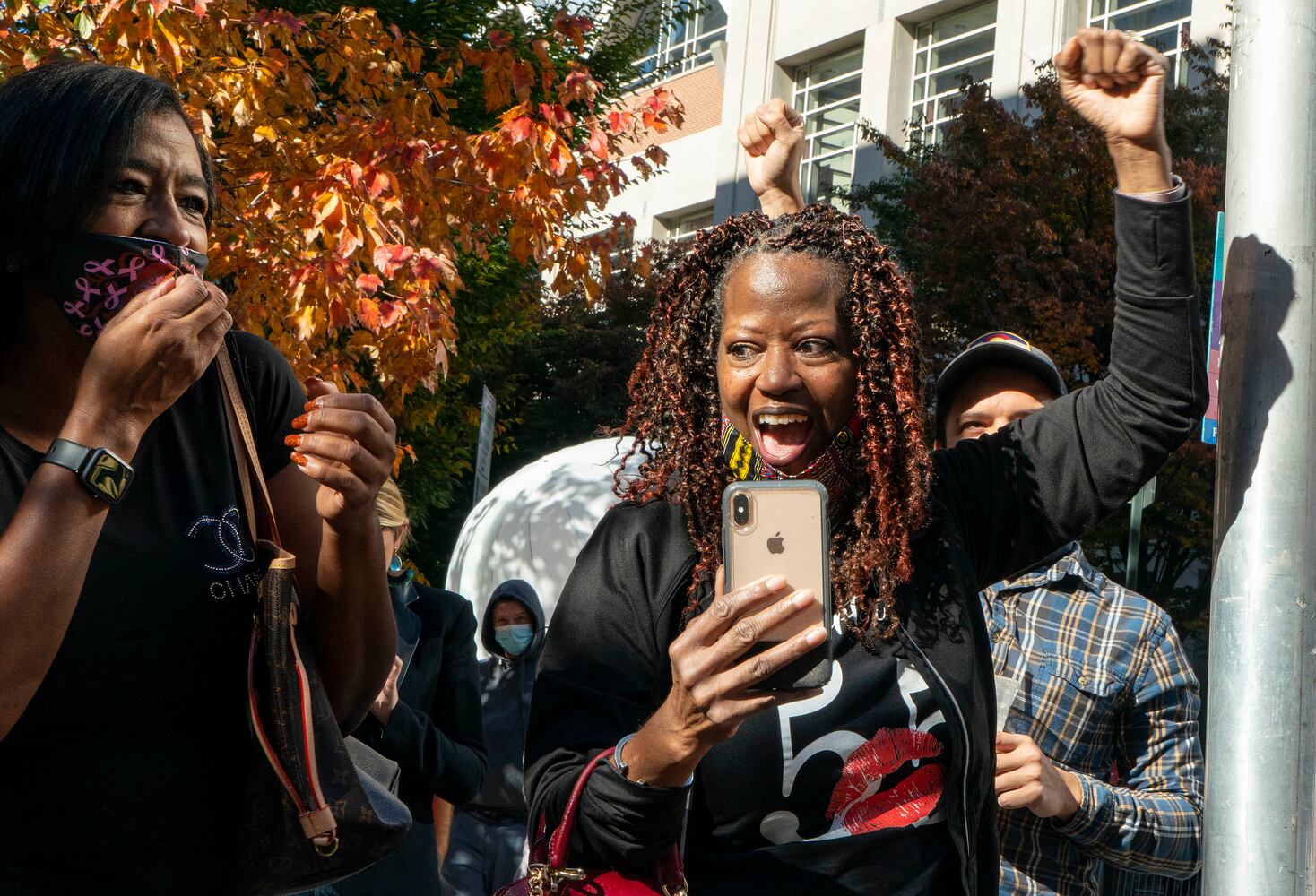 People celebrate after it was announced that Joe Biden was elected the 46th president of the United States, on Saturday, Nov. 7, 2020, in Philadelphia. President-elect Biden achieved victory offering a message of healing and unity. He will return to Washington facing a daunting set of crises. (Ruth Fremson/The New York Times)