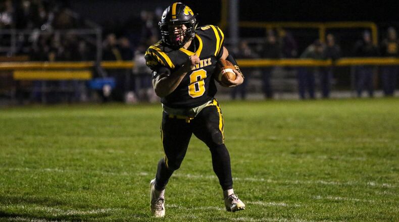 Shawnee High School senior Matt Guyer runs the ball during their game against Kenton Ridge on Friday night. Guyer scored on the play as the Braves won 35-20. CONTRIBUTED PHOTO BY MICHAEL COOPER