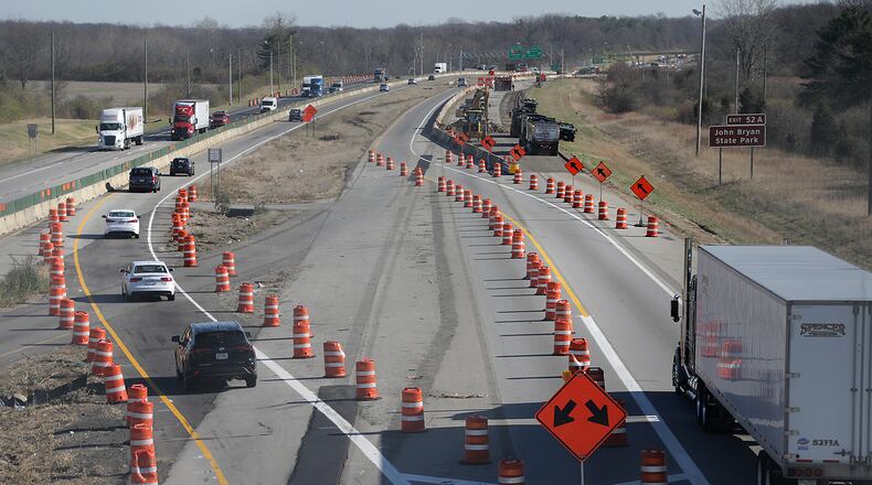 Interstate 70 eastbound traffic now splits to two separate lanes through the Clark County widening project. Federal funds paid for part of the $43 million project.  BILL LACKEY/STAFF