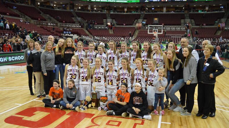 The Minster girls basketball team won its second straight Division IV state championship Saturday at the Schottenstein Center in Columbus. Eric Frantz/CONTRIBUTED