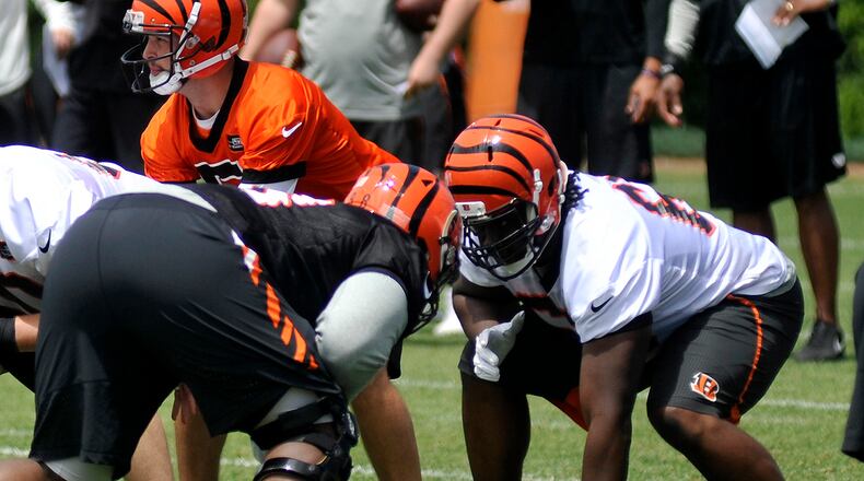 Cincinnati Bengals offensive lineman Trey Hopkins is listed as the starter at right guard on the first depth chart. JAY MORRISON/STAFF