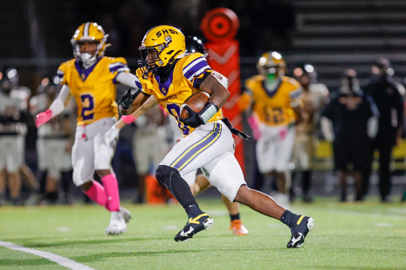 Springfield High School senior running back Deontre Long runs the ball during their game against Beavercreek on Friday, Oct. 10 at Wildcat Stadium. Springfield won 31-0. MICHAEL COOPER / STAFF PHOTO
