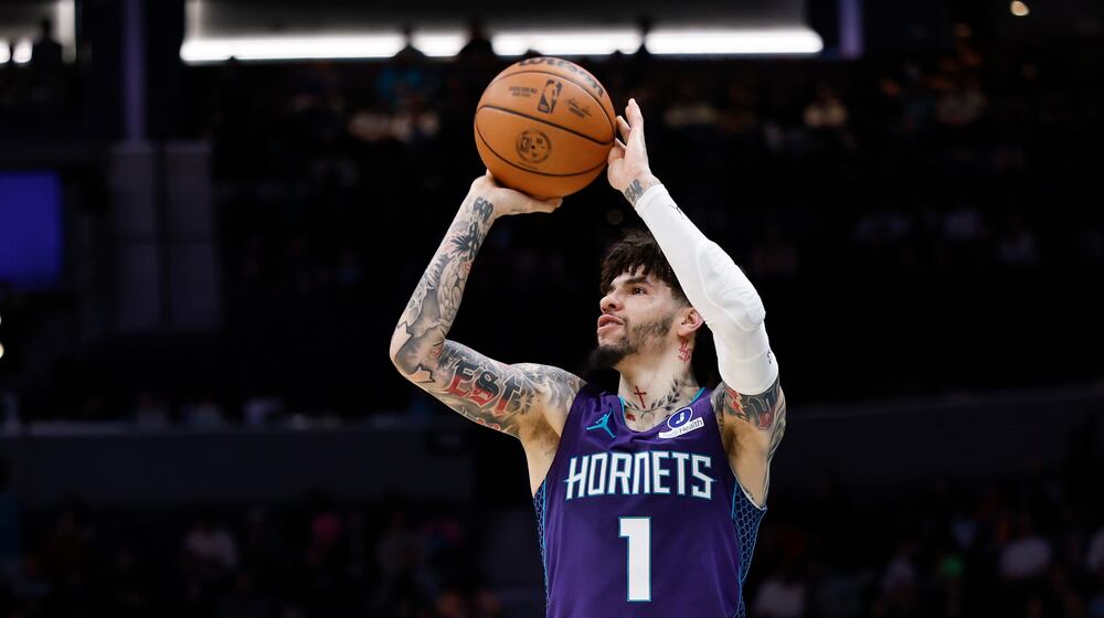 Charlotte Hornets guard LaMelo Ball shoots a jump shot against the Atlanta Hawks during the first half of an NBA basketball game in Charlotte, N.C., Wednesday, Feb. 11, 2026. (AP Photo/Nell Redmond)
