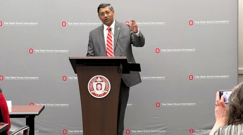 New Ohio State University President Ravi Bellamkonda speaks at the university on Thursday, March 12, 2026, in Columbus, Ohio. (AP Photo/Patrick Aftoora-Orsagos)