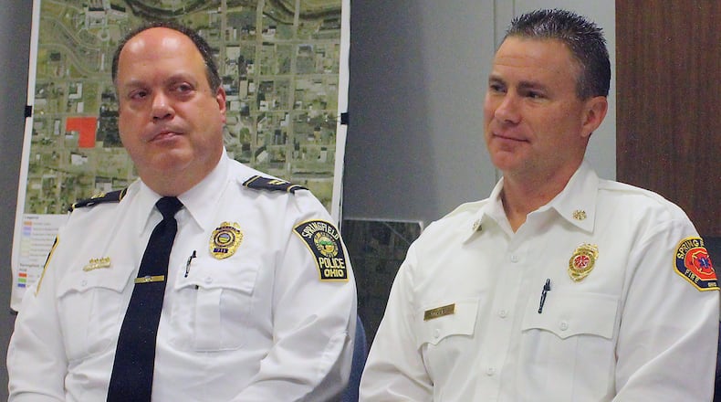 Springfield Police Chief Lee Graf (left) shown with new Springfield Fire Chief Brian Miller. JEFF GUERINI/STAFF