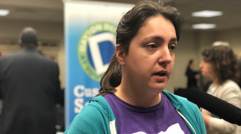 Kelley Freeman, state field manager for NARAL Pro-Choice Ohio, spoke at today’s Dayton commission meeting. CORNELIUS FROLIK / STAFF