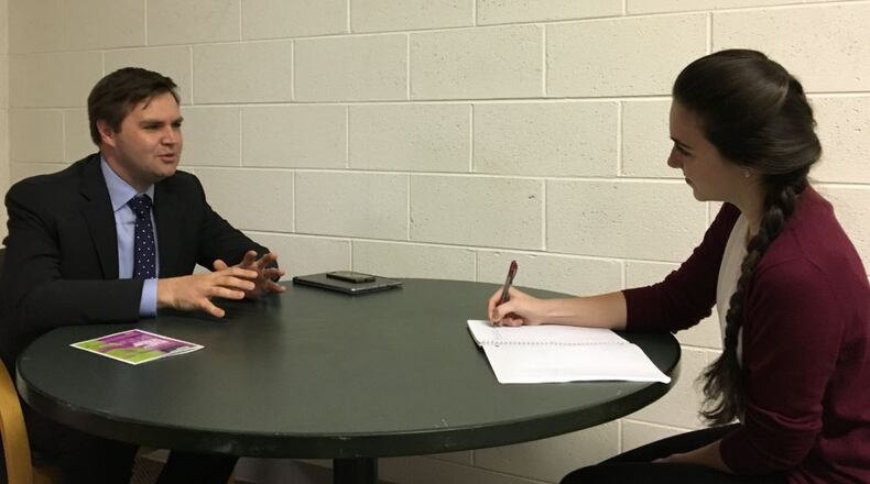 Wittenberg sophomore Megan Winters interviews author J.D. Vance. Contributed photo