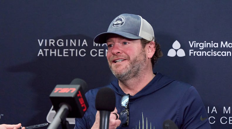 Seattle Seahawks president of football operations/general manager John Schneider speaks during a news conference at the NFL football team's facilities ahead of Super Bowl 60, Thursday, Jan. 29, 2026, in Seattle. (AP Photo/John Froschauer)