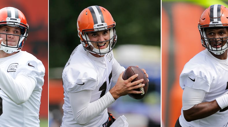 FILE - From left are 2017 file photos showing Cleveland Browns quarterbacks Cody Kessler, Brock Osweiler and DeShone Kizer during practice at the NFL football team’s training camp in Berea, Ohio. The Browns’ three-way quarterback competition moves onto a larger stage as the team conducts a scrimmage at FirstEnergy Stadium, Friday, Aug. 4, 2017. (AP Photo/Tony Dejak, File)