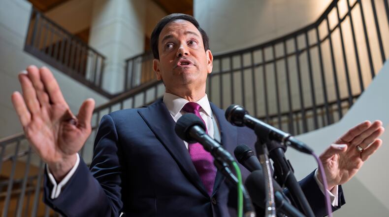 Secretary of State Marco Rubio speaks to reporters as he arrives for an intelligence briefing with top lawmakers on Iran, at the Capitol in Washington, Monday, March 2, 2026. (AP Photo/J. Scott Applewhite)