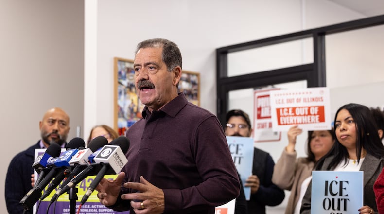 Congressman Jesus "Chuy" Garcia speaks during a press conference decrying federal agents use of force in Little Village on the Southwest Side of Chicago, Sunday, Nov. 9, 2025. (Candace Dane Chambers/Chicago Sun-Times via AP)