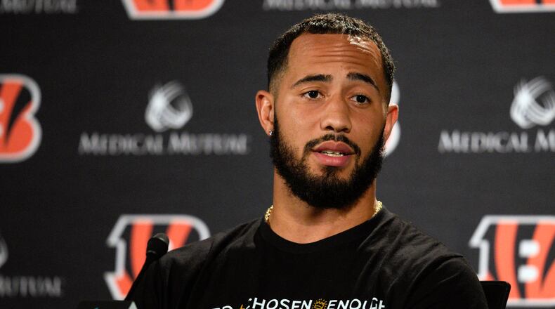 Cincinnati Bengals' Jessie Bates III speaks with reporters prior to a joint practice with the Los Angeles Rams at the team's NFL football training facility, Wednesday, Aug. 24, 2022, in Cincinnati. (AP Photo/Jeff Dean)