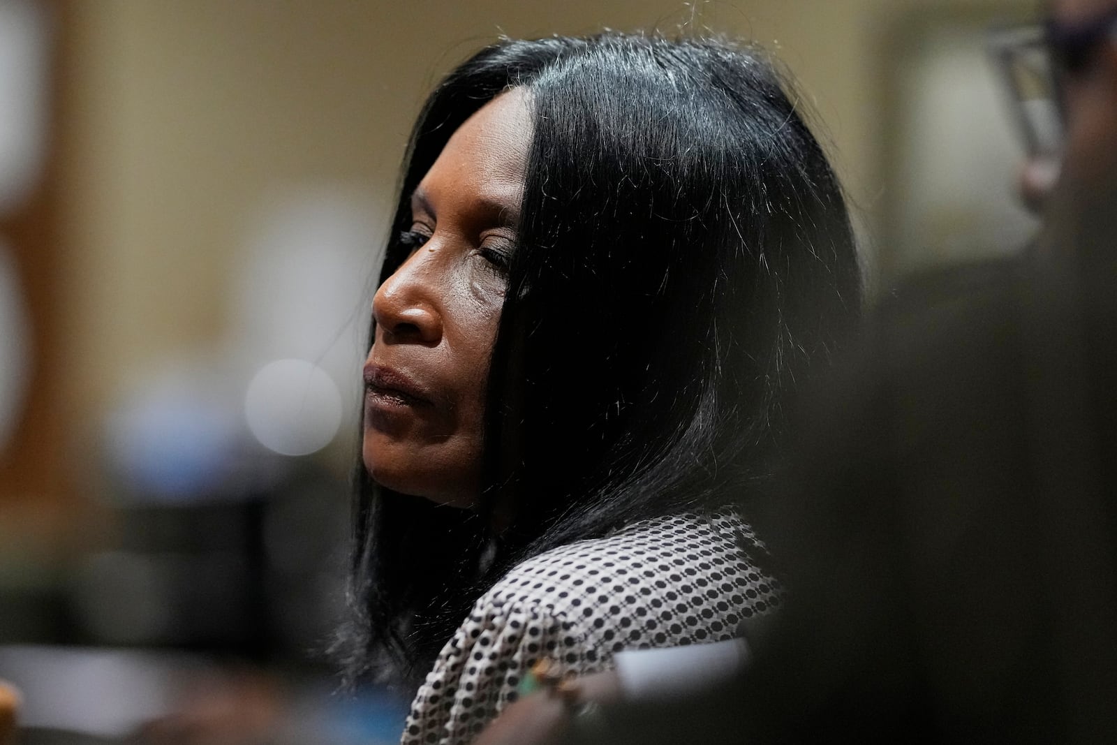 RowVaughn Wells, mother of Tyre Nichols, listens during the trial of three former Memphis police officers accused in the 2023 fatal beating of her son, Wednesday, April 30, 2025, in Memphis, Tenn. (AP Photo/George Walker IV, Pool)