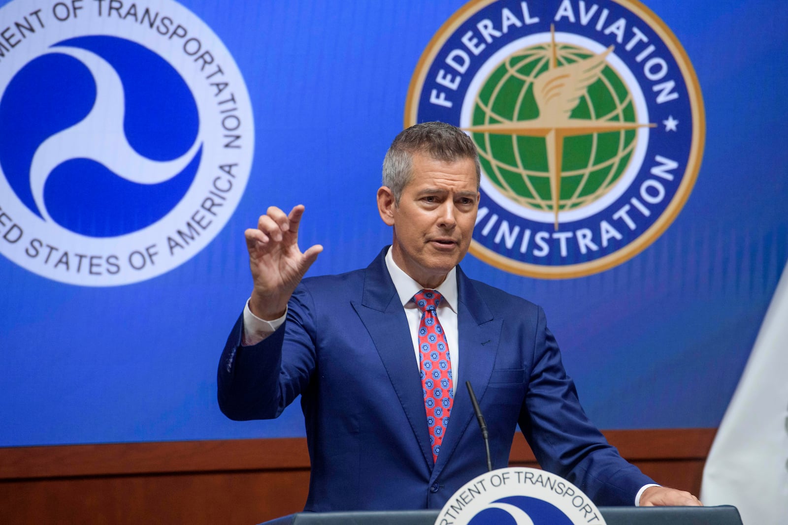 Secretary of Transportation Sean Duffy speaks during a news conference to provide a status update on Newark Liberty International Airport at the Department of Transportation in Washington, Wednesday, May 28, 2025. (AP Photo/Rod Lamkey, Jr.)