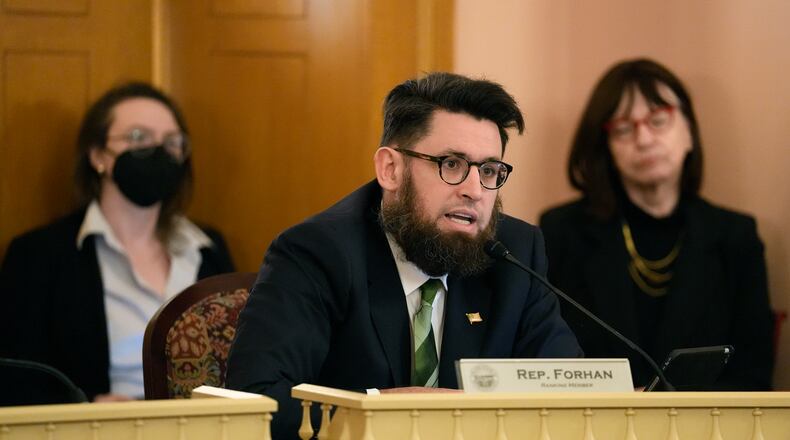 FILE - State Rep. Elliot Forhan asks questions during a hearing, March 7, 2023, in Columbus, Ohio. In a report issued Friday, April 5, 2024, an independent state-ordered investigation has concluded that Ohio legislative leaders were justified in discipling Rep. Forhan who was removed by House Democratic leadership from committees and banned from contacting staff following an alleged pattern of “erratic and abusive behavior.” (Brooke LaValley/The Columbus Dispatch via AP, File)