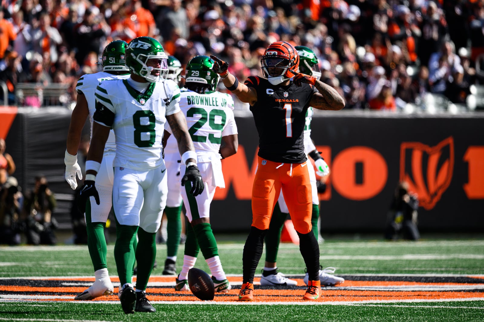 Cincinnati Bengals wide receiver Ja'Marr Chase signals for a first down during their game against the New York Jets on Sunday, Oct. 26 at Paycor Stadium. JEREMY MILLER / CONTRIBUTED PHOTO