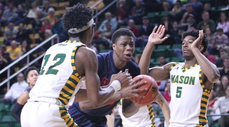 Dayton’s Kostas Antetokounmpo drives to the basket against George Mason on Wednesday, Feb. 14, 2018, at EagleBank Arena in Fairfax, Va. David Jablonski/Staff