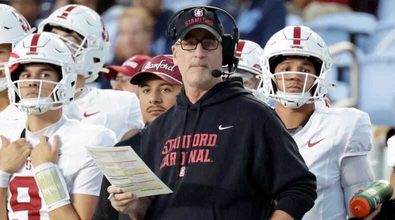 FILE - Stanford head coach Frank Reich watches during the first half of an NCAA college football game against North Carolina, Nov. 8, 2025, in Chapel Hill, N.C. (AP Photo/Chris Seward, File)