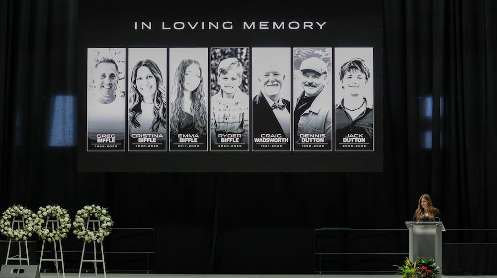 FILE - Jordyn Biffle, sister of Greg Biffle, speaks at the memorial service for Biffle and his family in Charlotte, N.C., Jan. 16, 2026. (AP Photo/Nell Redmond, File)