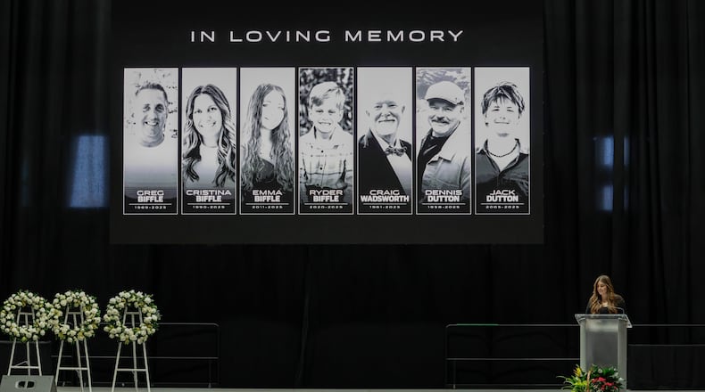 FILE - Jordyn Biffle, sister of Greg Biffle, speaks at the memorial service for Biffle and his family in Charlotte, N.C., Jan. 16, 2026. (AP Photo/Nell Redmond, File)