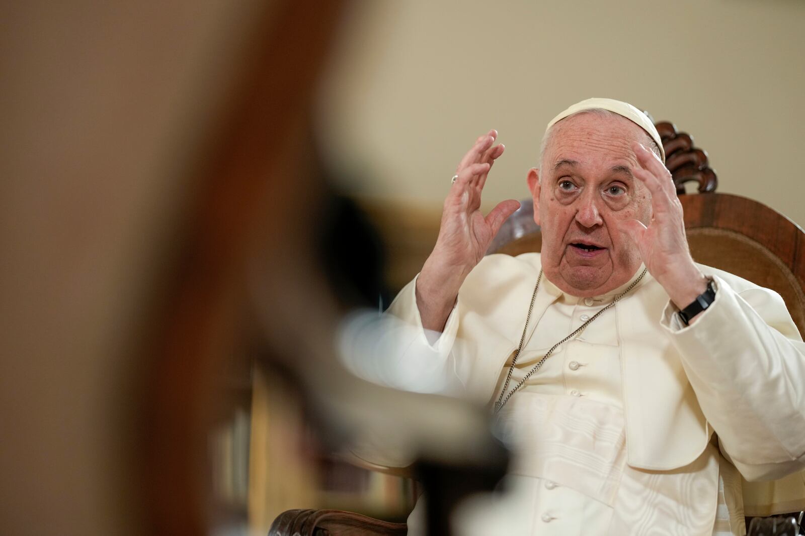 FILE - Pope Francis speaks during an interview with The Associated Press at The Vatican, Tuesday, Jan. 24, 2023. (AP Photo/Andrew Medichini, File )