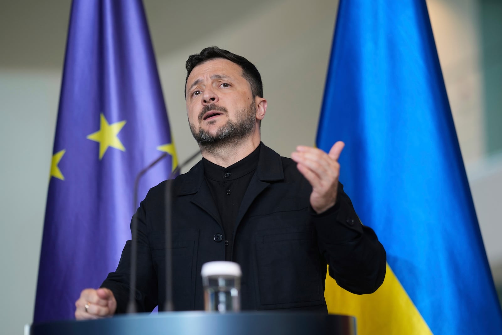 Ukraine's President Volodymyr Zelenskyy gestures during a news conference at the chancellery in Berlin, Germany, Wednesday, May 28, 2025.(AP Photo/Markus Schreiber)