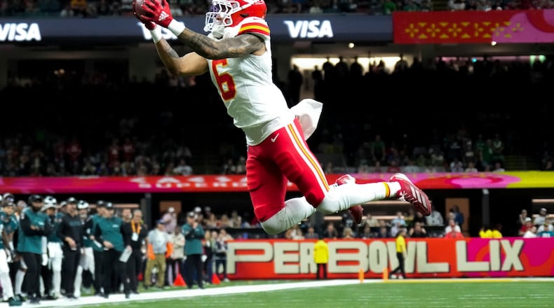 Kansas City Chiefs safety Bryan Cook (6) intercepts a pass during the first half of the NFL Super Bowl 59 football game against the Philadelphia Eagles, Sunday, Feb. 9, 2025, in New Orleans. (AP Photo/George Walker IV)