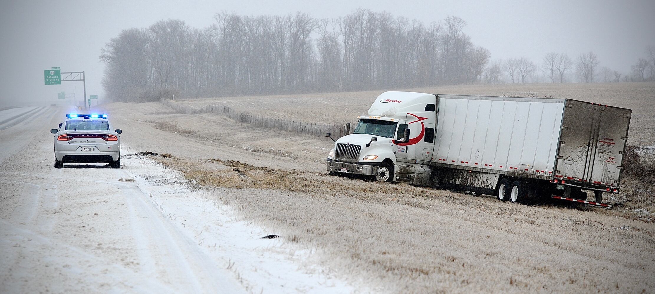 Slick roads in Clark County causing slideoffs on I-70