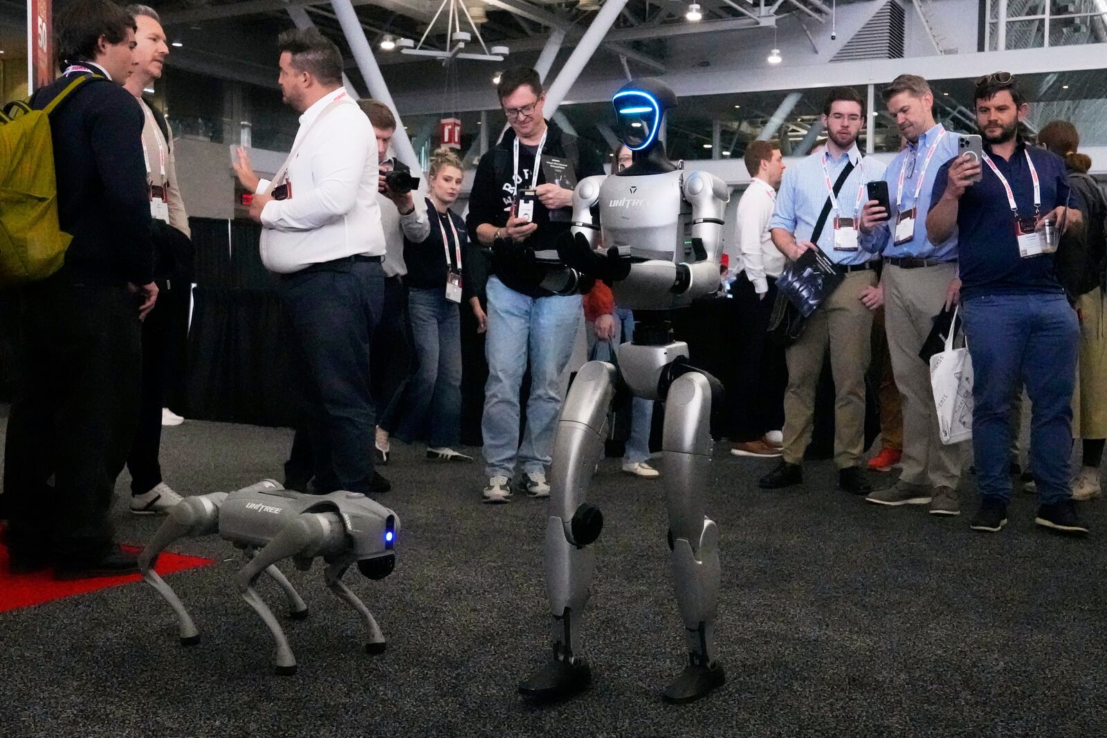 A human-like Unitree robot, right, passes out company brochures to convention guest, with a dog-like Unitree robot at its side, at the Robotics Summit & Expo, Wednesday, April 30, 2025, in Boston. (AP Photo/Charles Krupa)