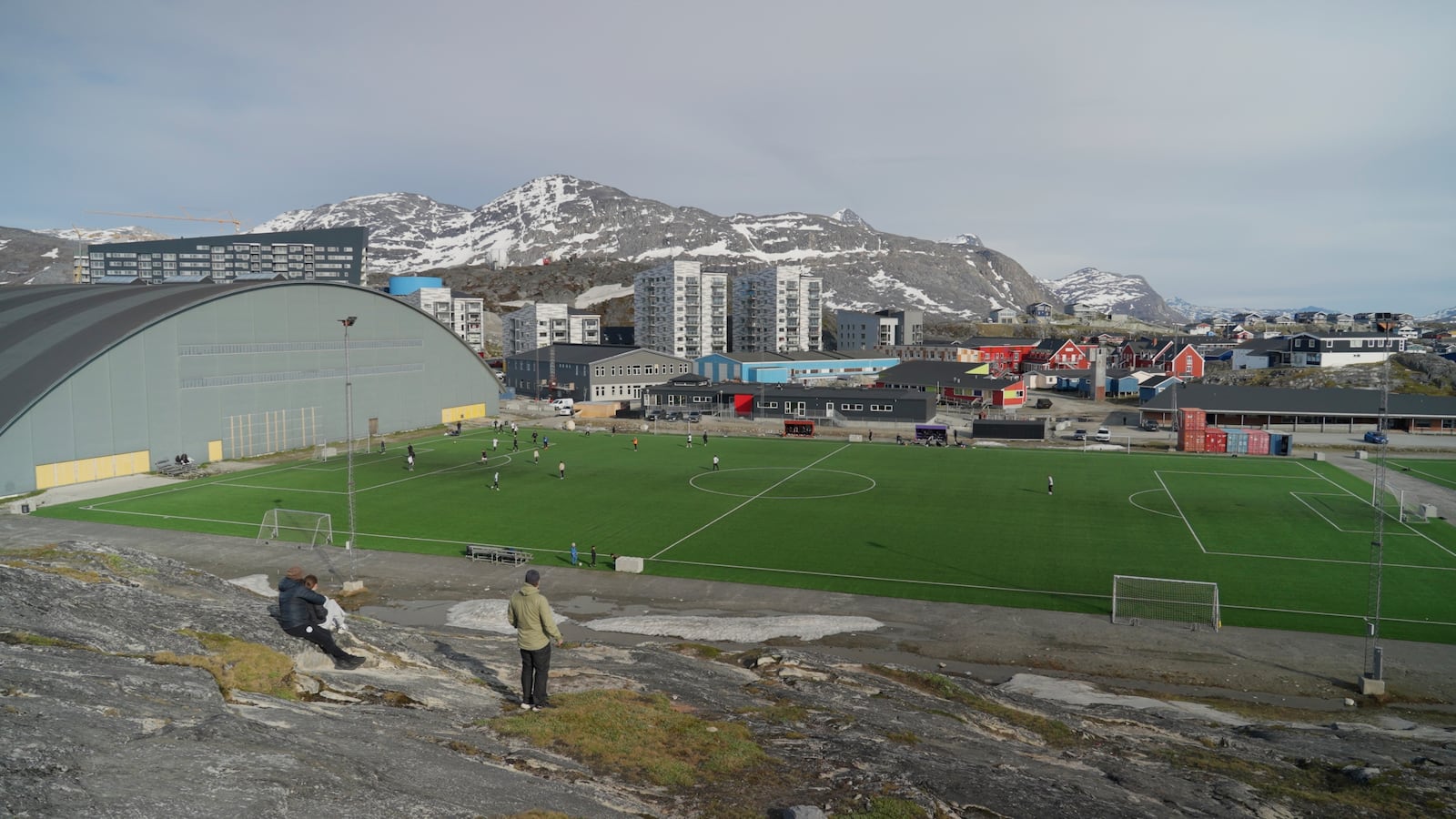 Soccer players attend a training session on artificial turf of Nuuk stadium in Nuuk, Greenland, Tuesday June 17, 2025. (AP Photo/Kwiyeon Ha)