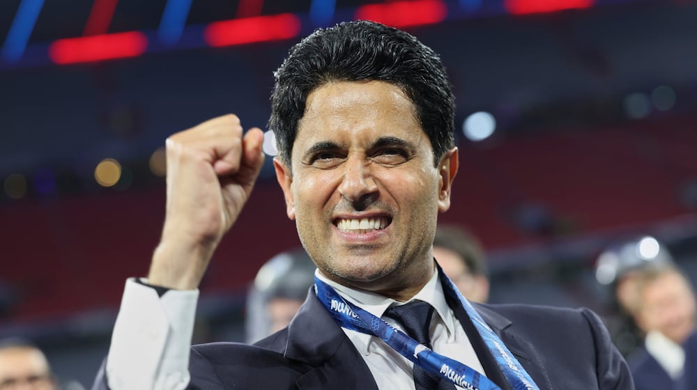 FILE - PSG President Nasser Al-Khelaifi celebrates after the Champions League final soccer match between Paris Saint-Germain and Inter Milan at the Allianz Arena in Munich, Germany, May 31, 2025. (AP Photo/Alexandra Beier, File)