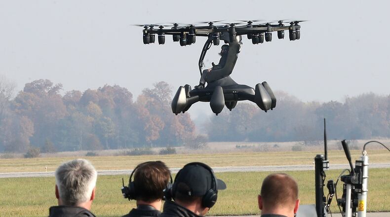 The Lift Aircraft company demonstrates their advanced air mobility system, or flying car, last year during the Advanced Air Mobility Showcase at Springfield-Beckley Municipal Airport. The event featured some of the top companies in the world of advanced air mobility systems as they showed their flying vehicles and the technology that make them possible. BILL LACKEY/STAFF