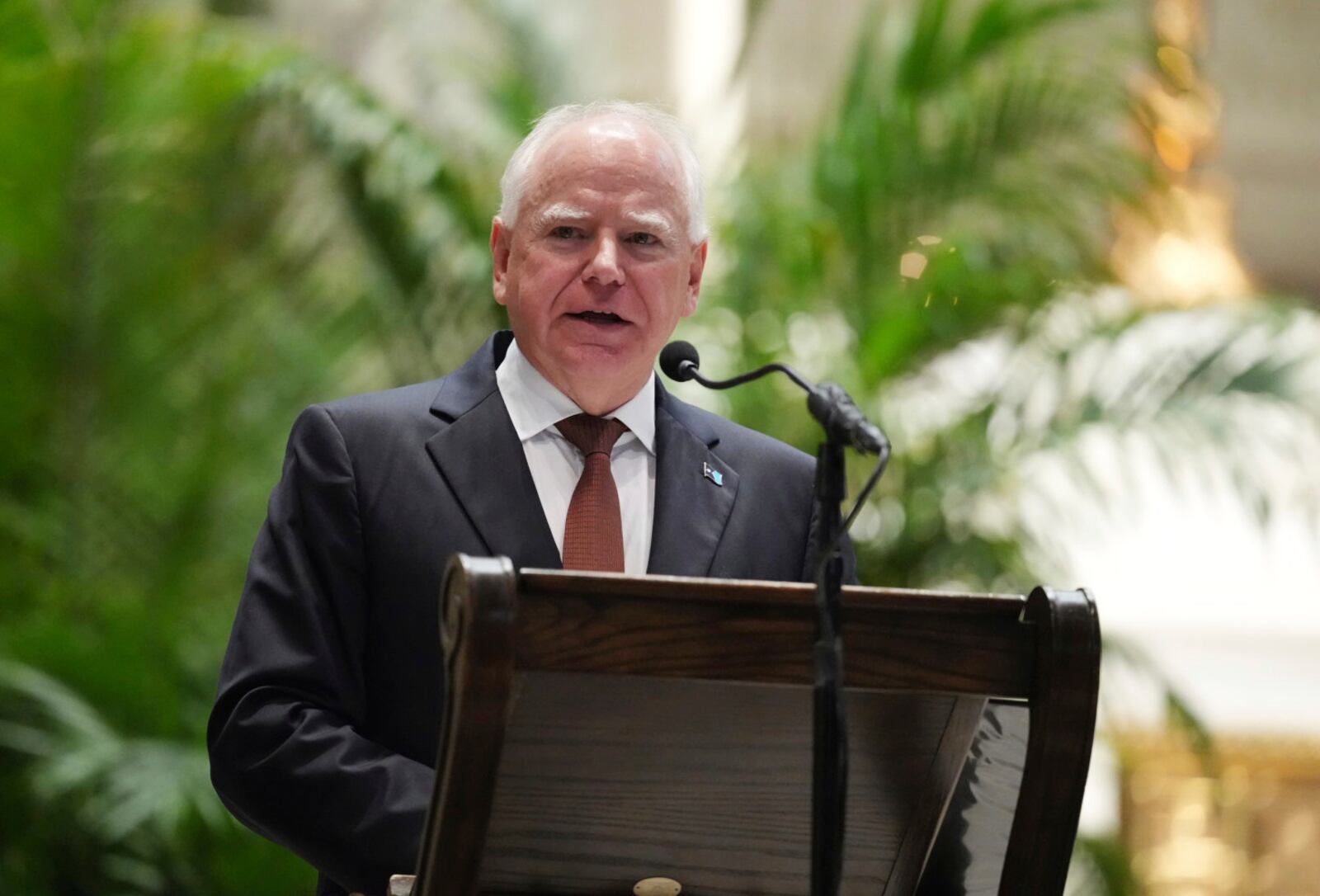 Gov. Tim Walz delivers a eulogy during funeral services for Mark and Melissa Hortman at the Basilica of St. Mary in Minneapolis, Minn., on Saturday, June 28, 2025. (Alex Kormann/Star Tribune via AP, Pool)