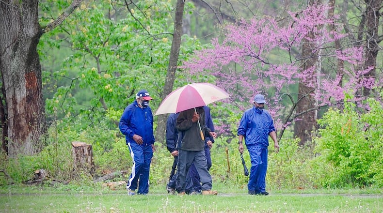 Here are a few people out walking and talking on this rainy Thursday, April 29, 2021 near the Wegerzyn Center.