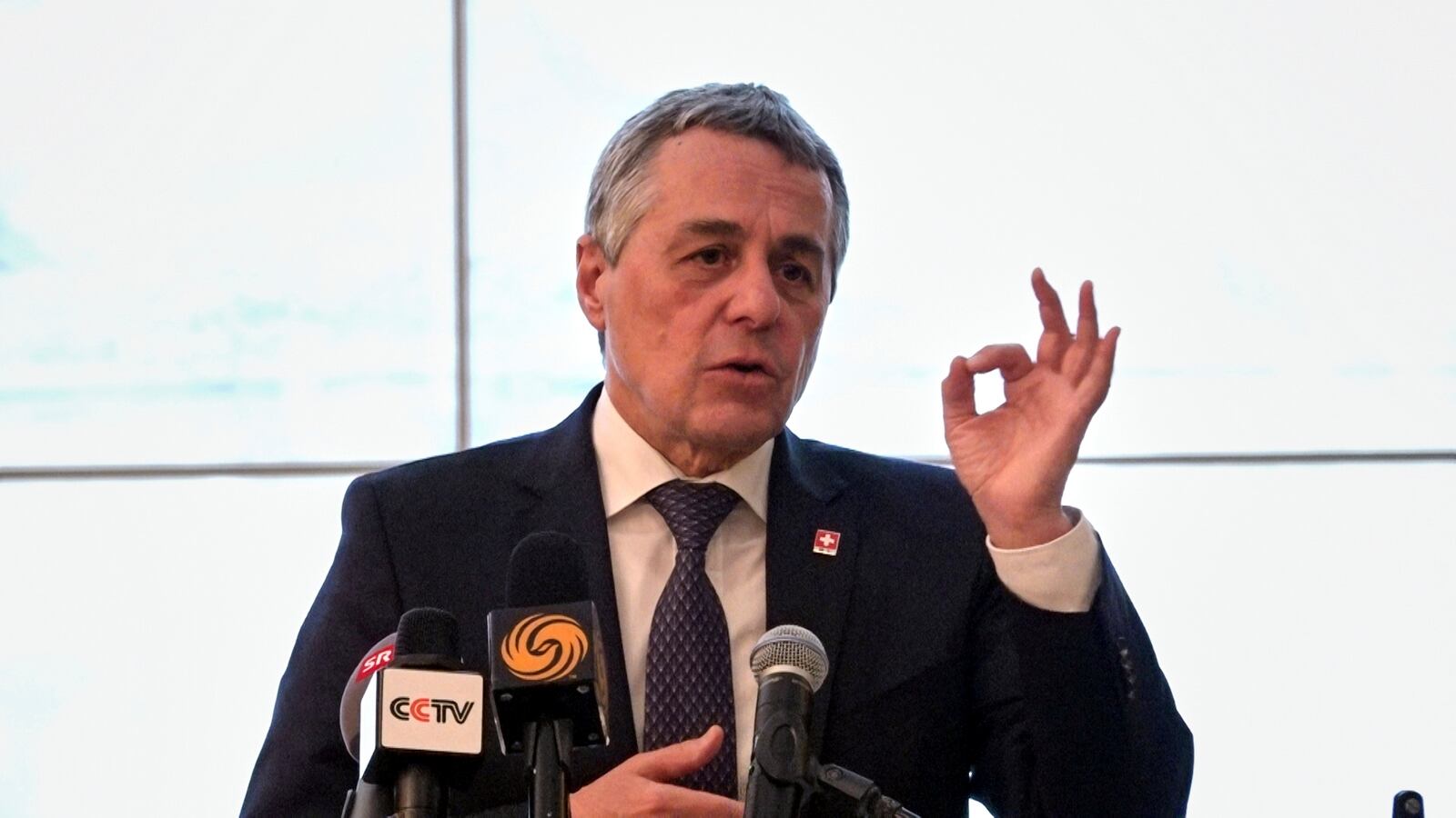 In this image taken from video, Swiss Federal Councillor and Foreign Minister Ignazio Cassis speaks during a press conference in Beijing, China, Thursday, April 24, 2025. (AP Photo/Borg Wong)