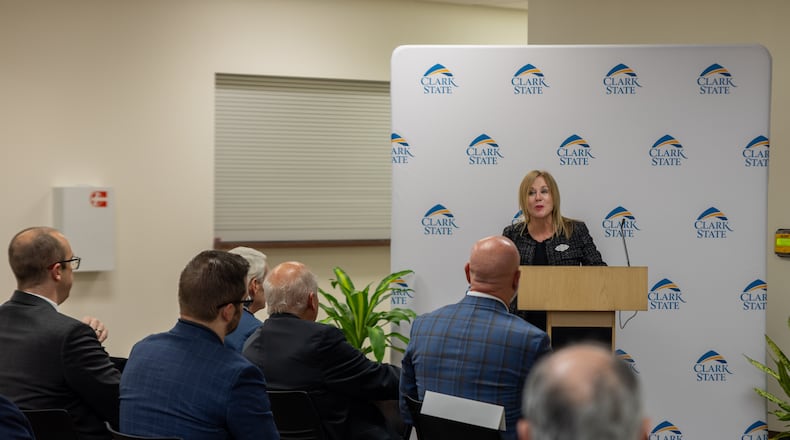 Clark State President Jo Alice Blondin speaks during a press conference announcing that the college has been awarded a more than $1 million grant from the United States Department of Education to launch a modeling and simulation program and degree. CONTRIBUTED
